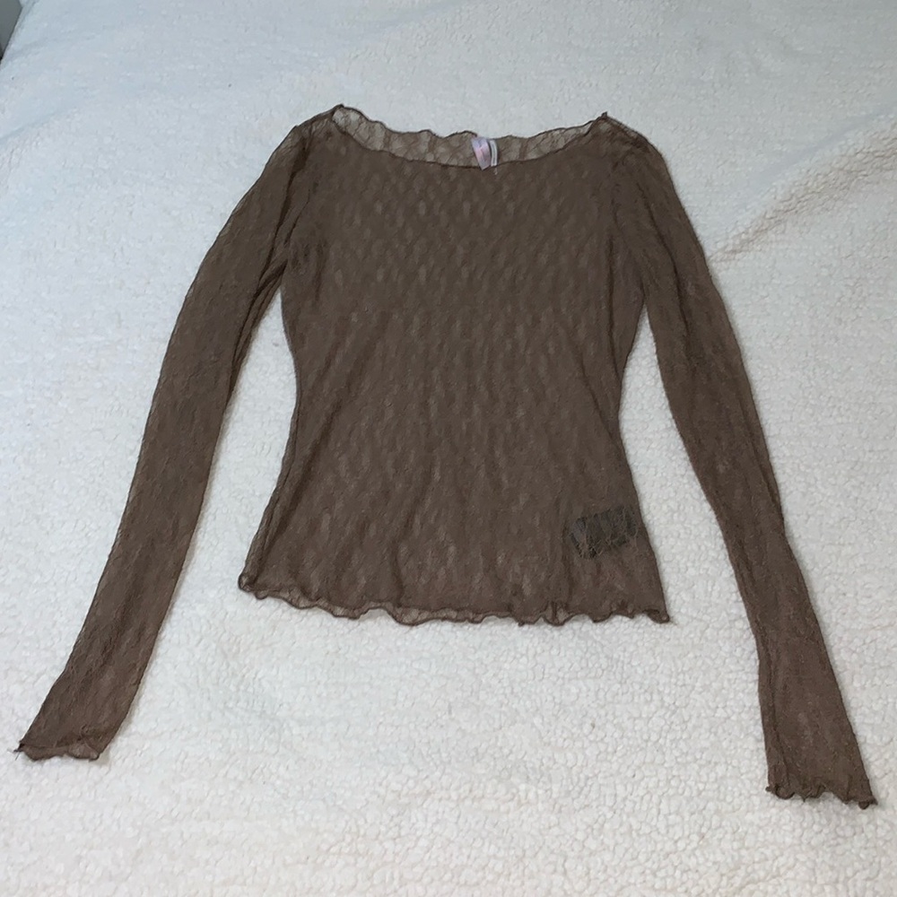 Long sleeved, sheer top, gray brown color